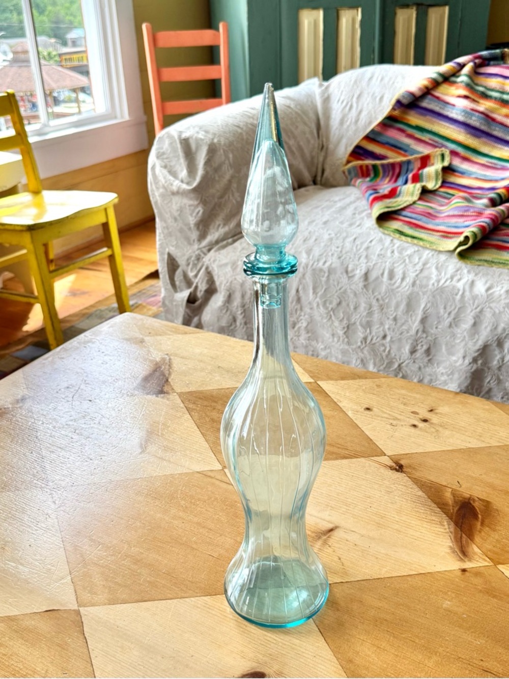 Vintage Genie Bottle Tall Empoli Italian Glass Decanter Aqua Blue